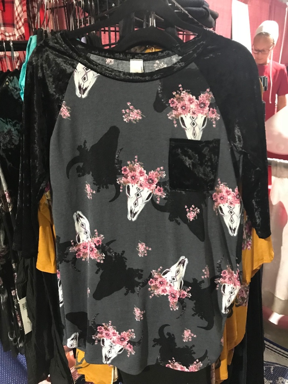 NWT Lovely J Black cattle skull velour sleeve top Jersey
